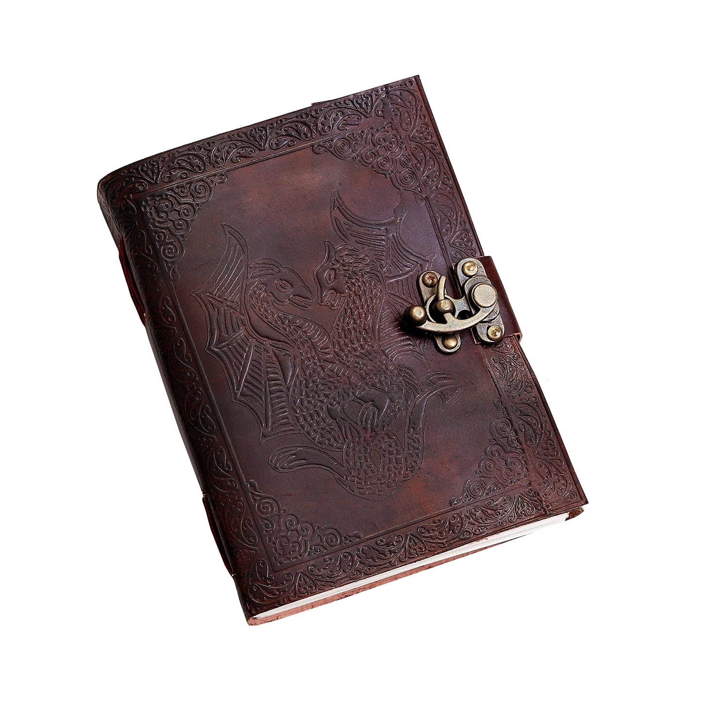 AzureGreen DOUBLE DRAGON Blank Page BOOK Handcrafted Leather Writing Unlined 5 x 7 JOURNAL (MEDIUM, Brown With Claps)