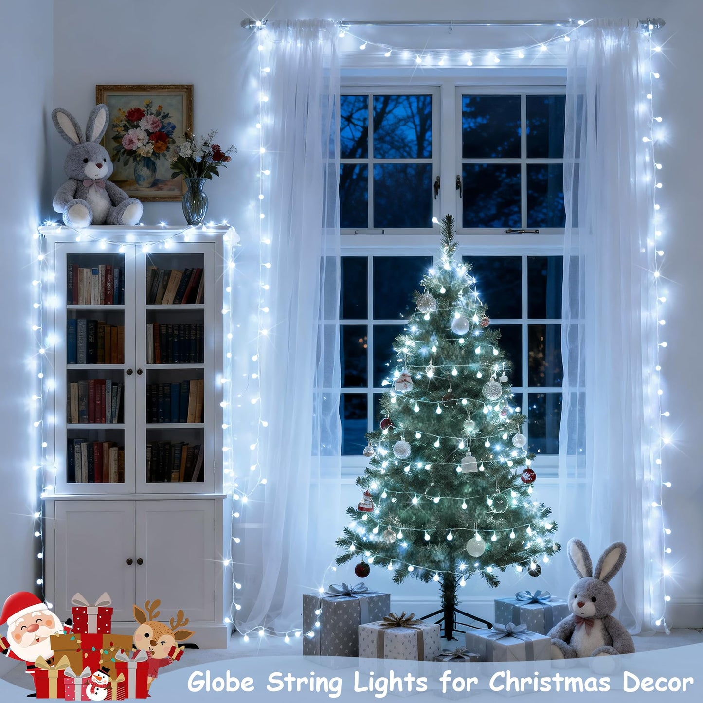 JMEXSUSS 100 LED White String Lights Indoor, Connectable Globe String Lights Plug in with Remote, 33 ft 8 Modes Christmas Fairy Light Outdoor for Bedroom Room Mirror Party Holiday Valentines Decor