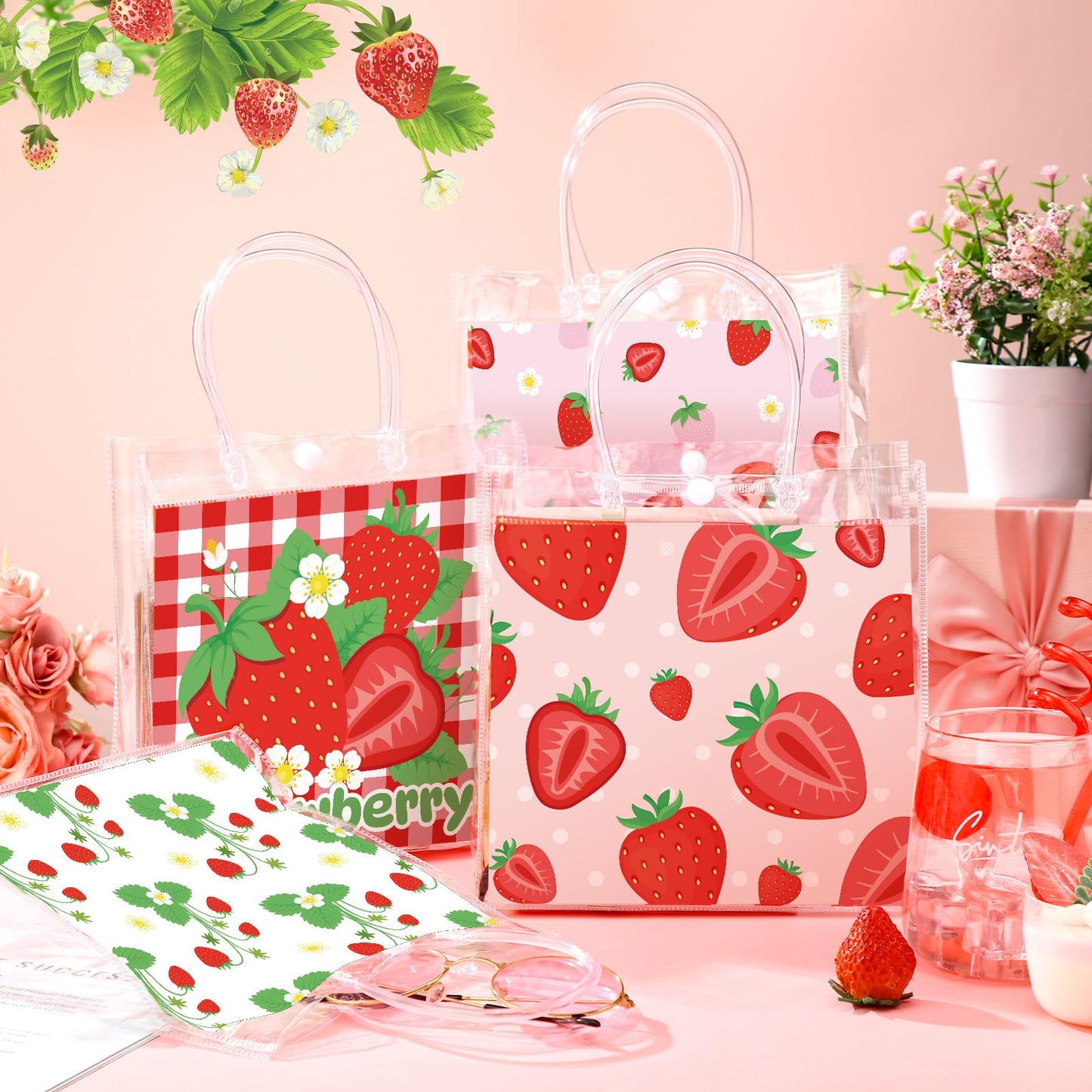 Teenyyou 24 Pcs Strawberry Party Favor Bags Clear PVC Goodie Treat Tote Gift Bags with Handles Strawberry Theme Birthday Party Supplies