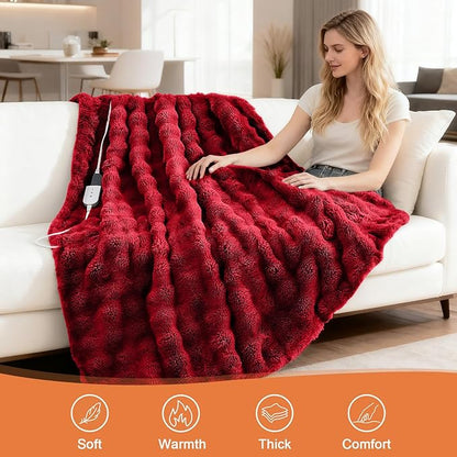 Heated Blanket Electric Throw Blanket 62''X 84''-Heating Blanket with 6 Heat Settings-10 Hours Auto Off,Cozy Faux Rabbit Fur Bubble Electric Blanket,Red
