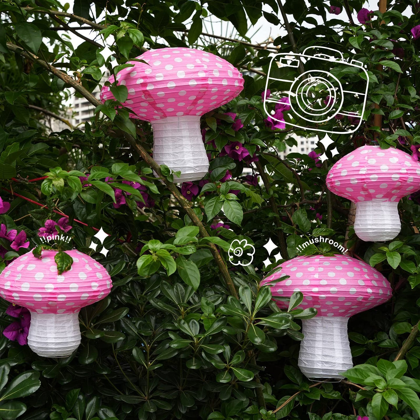 4Pcs Mushroom Paper Lanterns, Cynzia Large Paper Lantern Wonderland Forest Jungle Theme Hanging Ornament, 3D Mushroom Decor for Garden, Christmas, Party, Nursery (Pink)
