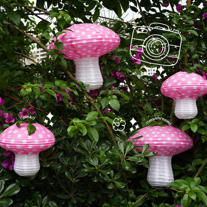 4Pcs Mushroom Paper Lanterns, Cynzia Large Paper Lantern Wonderland Forest Jungle Theme Hanging Ornament, 3D Mushroom Decor for Garden, Christmas, Party, Nursery (Pink)