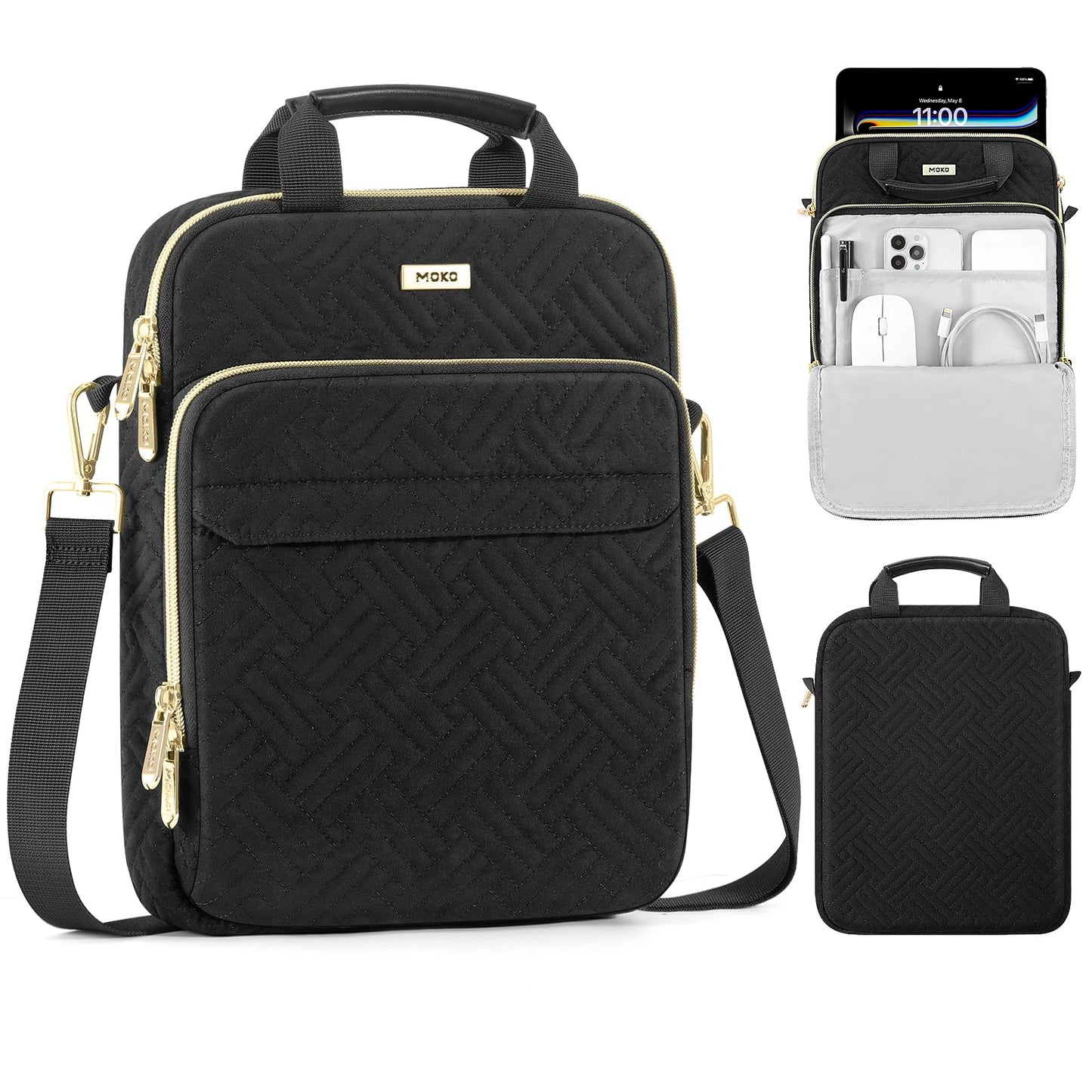 MoKo 13 Inch Puffer Tablet Sleeve Bag for New 13" iPad Air M4 2026 / Pro M5, iPad Pro 12.9" M2&M1, Galaxy Tab S8/S9 Plus 12.4", 360° Edge Protection Puffy Bag with Handle & Shoulder Strap, Black