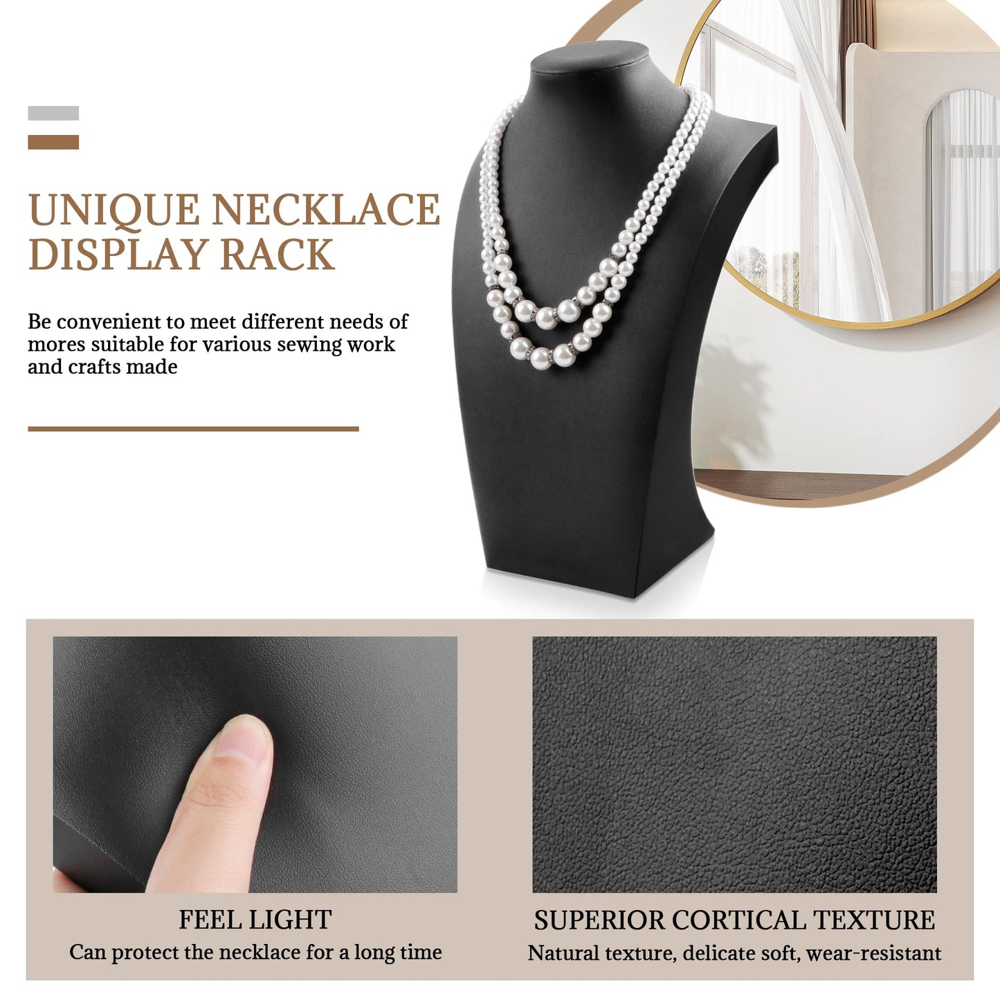 Homeanda Necklace Display Bust - PU Leather Jewelry Bust Stand for Photography, Boutique Display, and Home Organisation(Polyurethane-Black-13.4" x8.2)