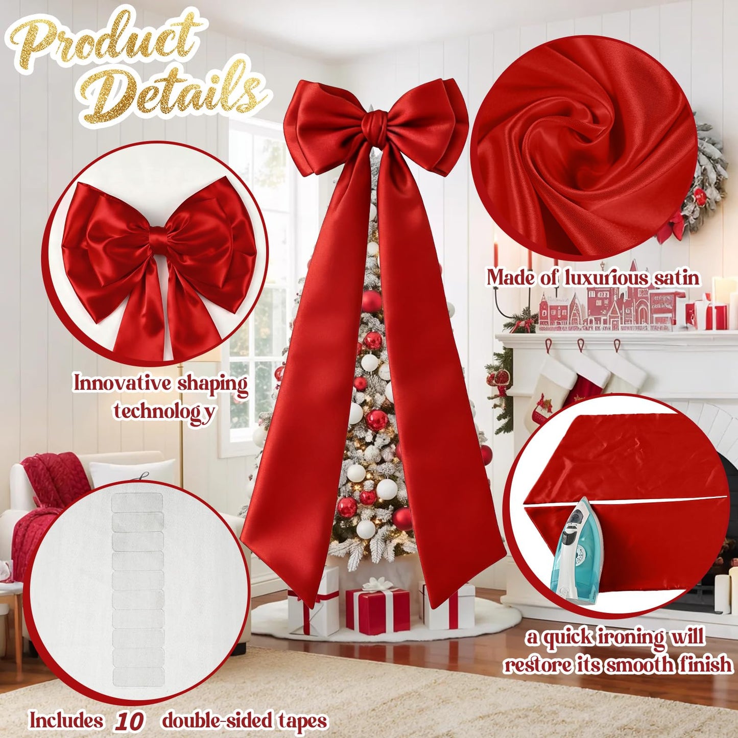 Froova 75x19 Inch Christmas Tree Topper Bows Big Red Bows Christmas Tree Decor Giant Large Satin Bow for Hoom Wall Backdrop Room Decorations for Wedding Birthday Party (Internal Stability Layer)