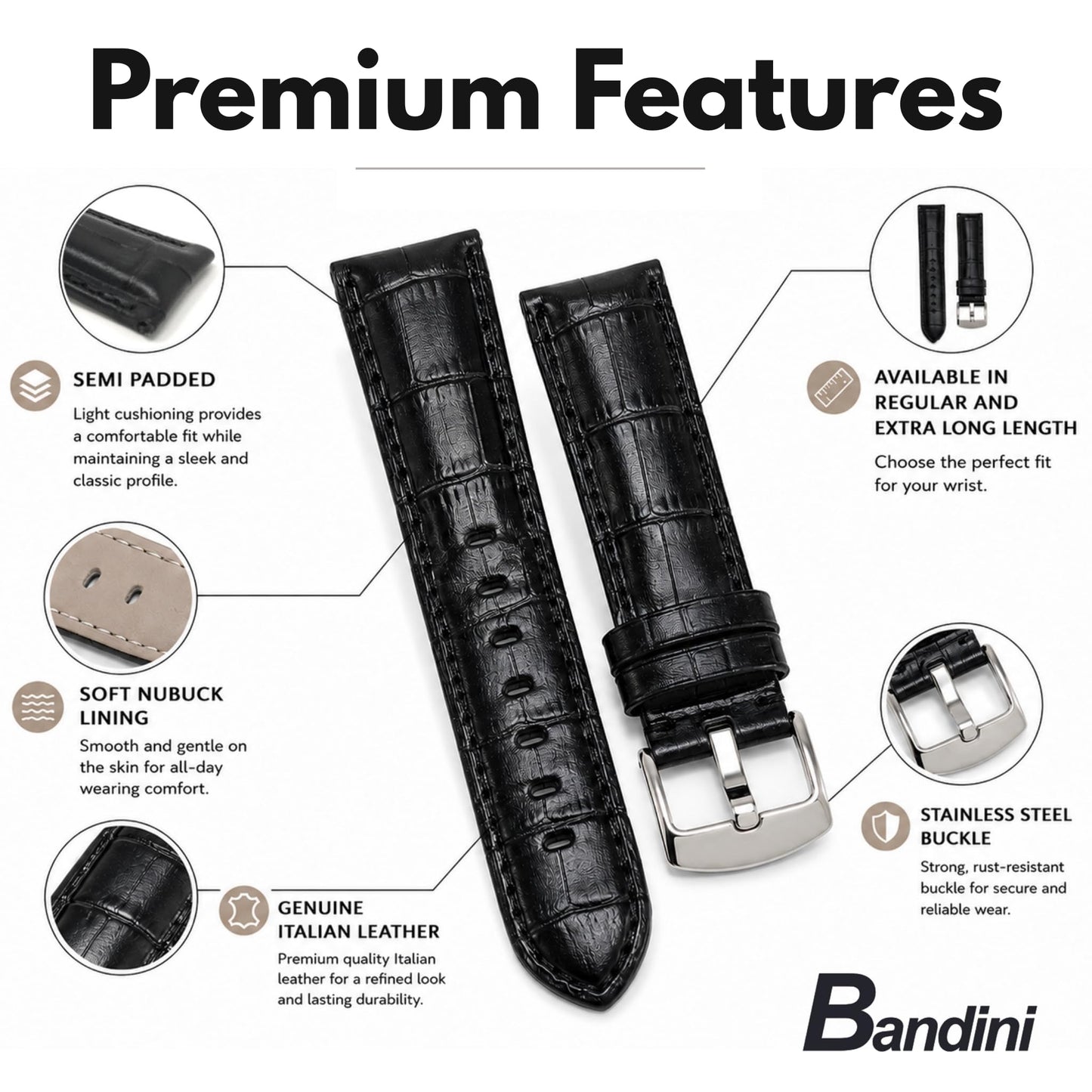 Bandini Mens 18mm Extra Long Leather Watch Band for Large Wrists – Premium Top Grain Alligator Embossed Strap, Durable Replacement, Soft Comfortable Fit, Black with Stitch