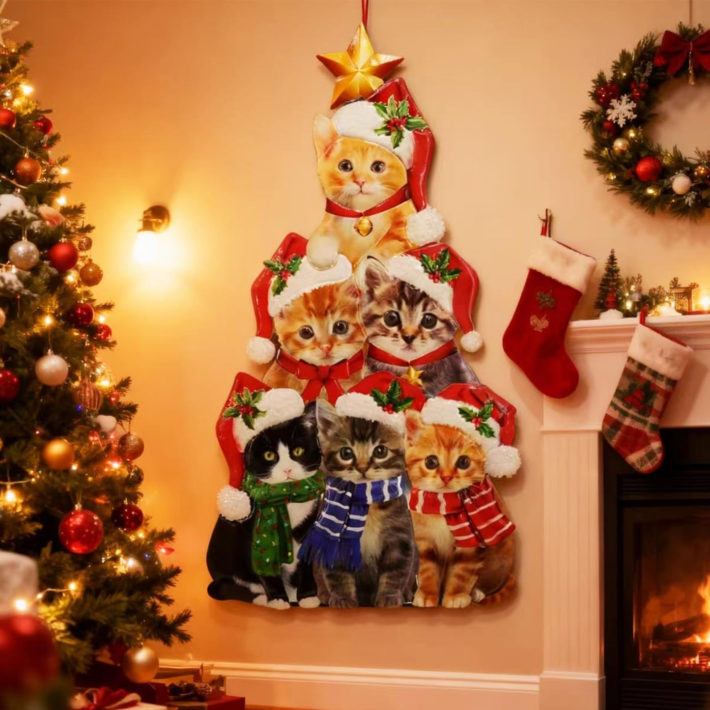 Cute cat Garden Insert, Christmas Art Decoration Yard Sign, Santa hat-Wearing Post, cat Stacking Fun Christmas Tree-Shaped pet Post, Outdoor Lawn Decoration
