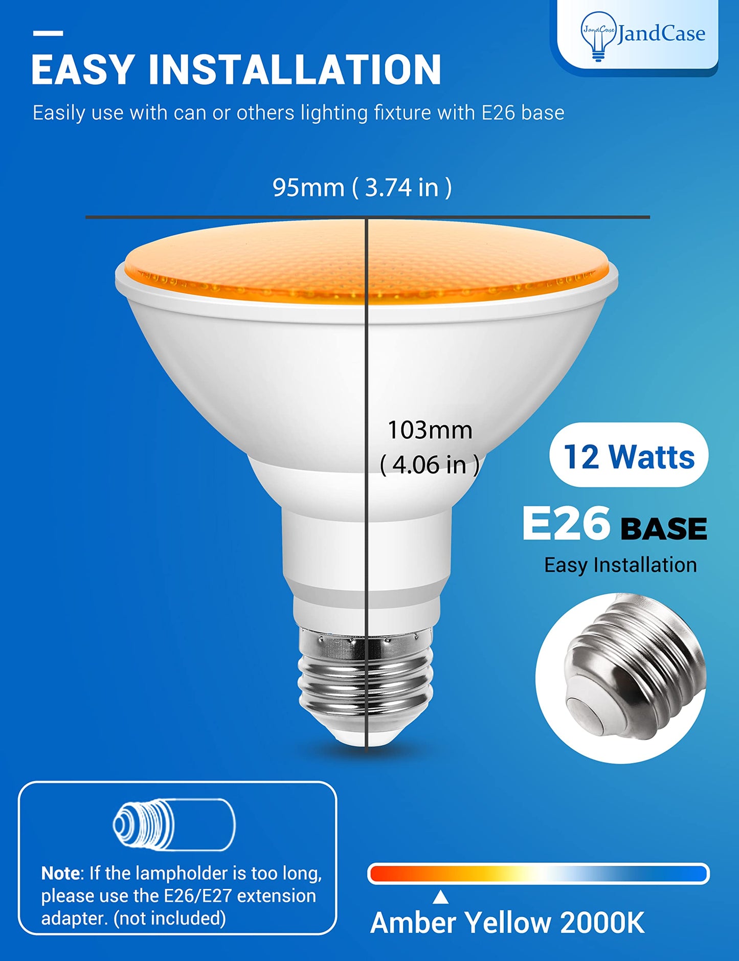 12W LED Bug Lights for Outside[4 Pack], JandCase Yellow Bug Light Bulbs Outdoor, 100Watt Equivalent, PAR30 Flood Light Bulbs for Porch, Patio, E26 Base, Non-Dimmable
