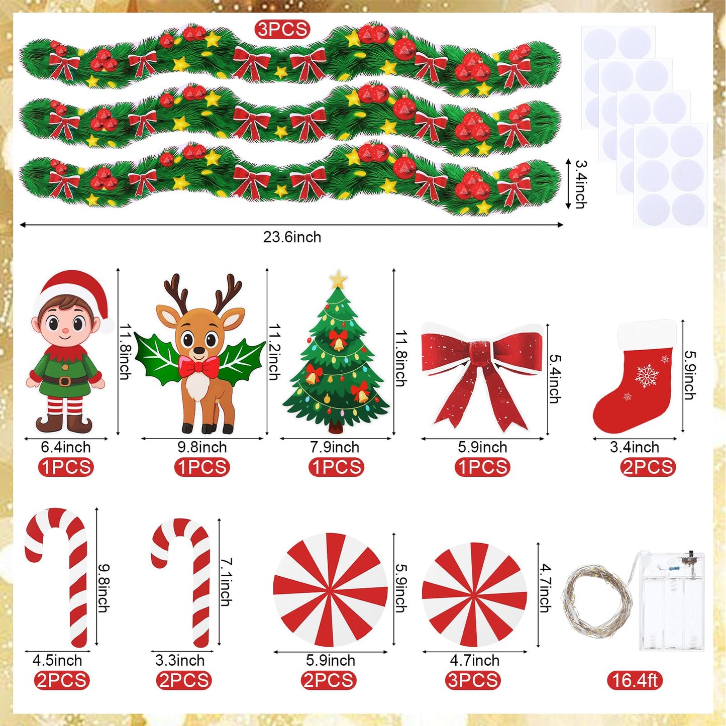 Seeloowy 22 Pcs Christmas Fence Decorations Outdoor Xmas Garland Deer Gingerbread Peppermint Candy Yard Signs with LED String Lights for Christmas Holiday Outside Lawn Garden Window DIY Decor