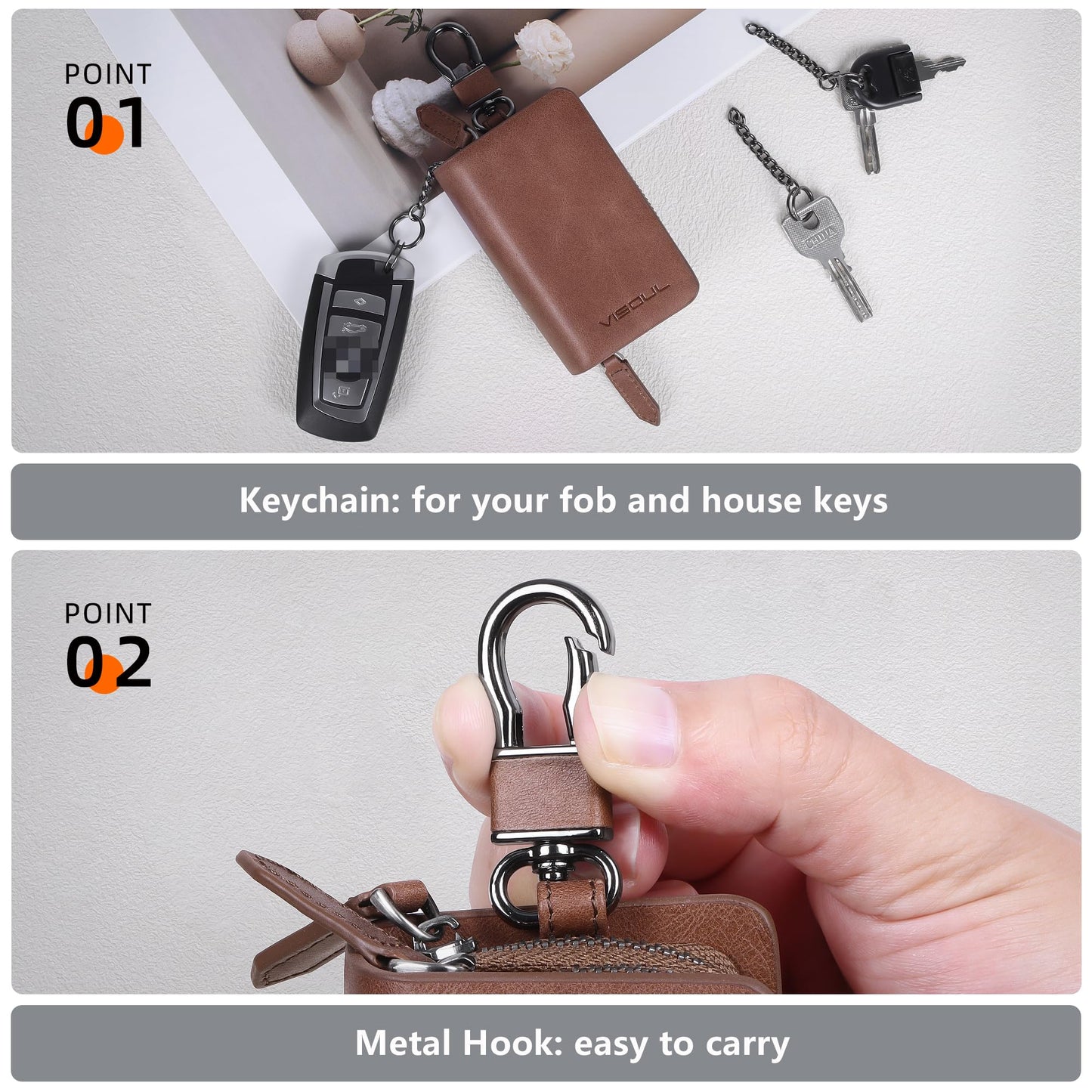 VISOUL Car Key Case Holder Double Zipper, Leather Car Smart Key Fob Case with Keychain for Men and Women-Brown