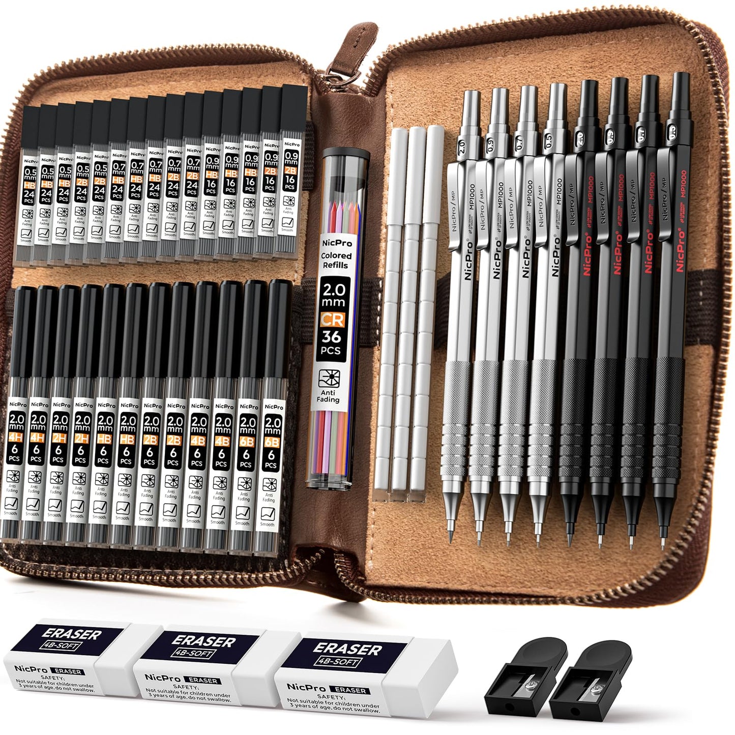 Nicpro 45PCS Black & Silver Metal Mechanical Pencil Set in Leather Case, Art Drafting Pencil 0.5, 0.7, 0.9 mm, 2mm Lead Holders for Sketching Drawing With 27 Tube (6B 4B 2B HB 2H 4H Colors)Lead Refill