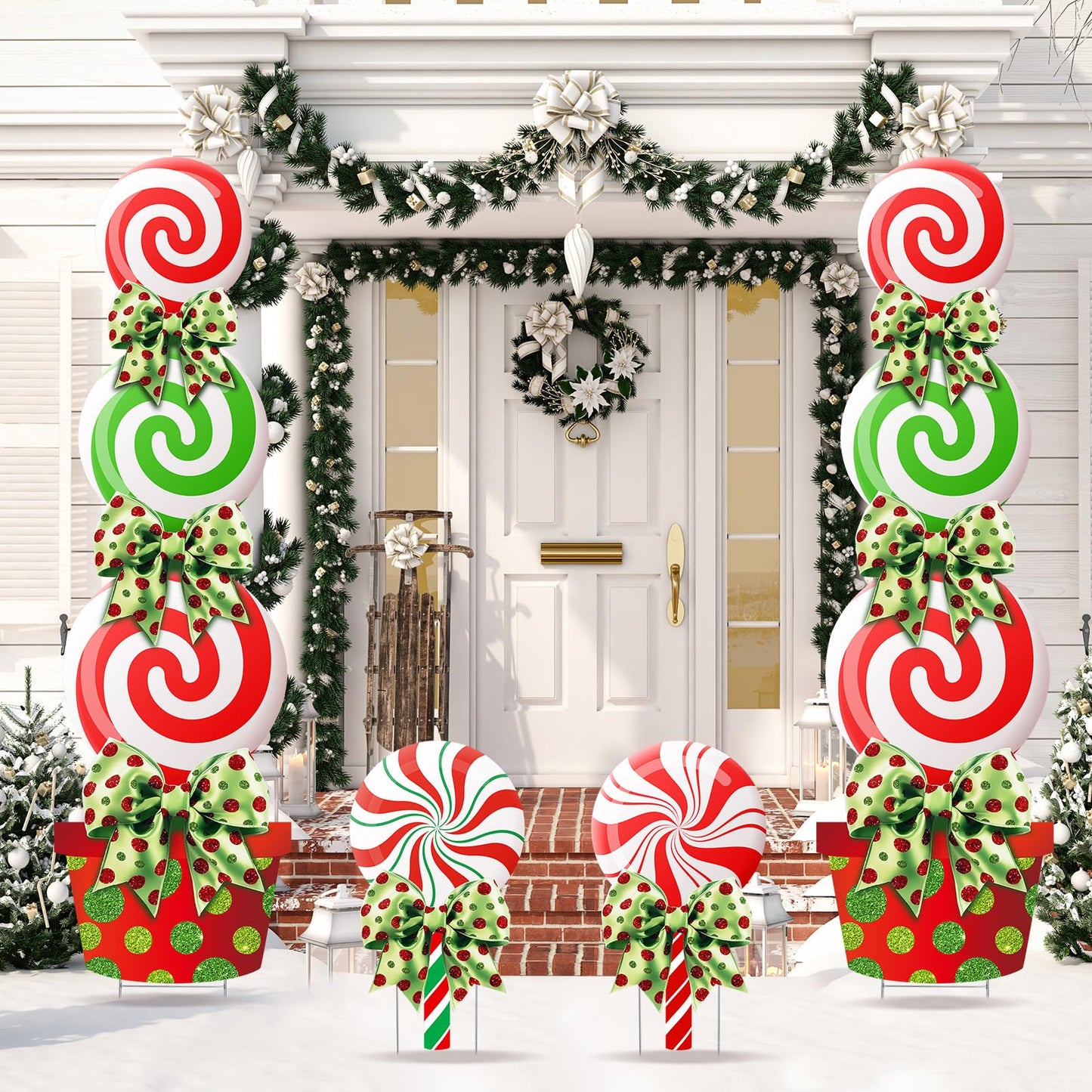 Meonum 4 Pcs Peppermint Candy Christmas Decorations Outdoor Large Christmas Yard Stakes Lime Green and Red Xmas Candy Garden Lawn Signs with Stakes and Bow for Home Pathway Walkway Party Decor(Red)