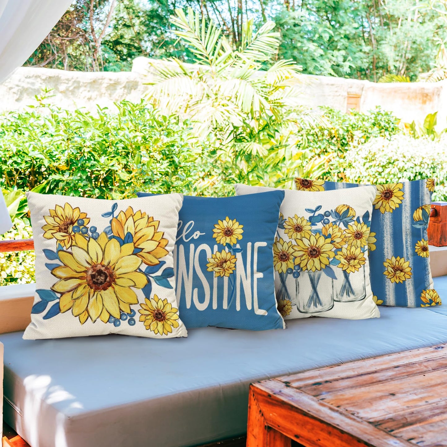 Tikeciti Sunflower Hello Sunshine Pillow Covers Italy Blue 18 x 18 Inch Throw Pillows, Amalfi Mason Jar Floral Decorative Farmhouse Cushion Case for Sofa Couch Set of 4