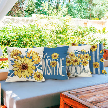 Tikeciti Sunflower Hello Sunshine Pillow Covers Italy Blue 18 x 18 Inch Throw Pillows, Amalfi Mason Jar Floral Decorative Farmhouse Cushion Case for Sofa Couch Set of 4