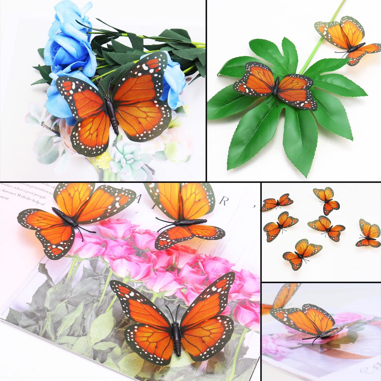 AQUEENLY 24 Pcs Monarch Butterfly Decorations Orange Butterflies for Crafts Premium Fake Butterflies Wall Decor for Room, Home, Wedding, Party (4.72'')