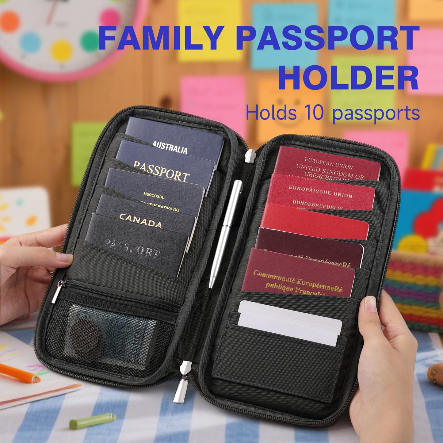 WALNEW Passport Holder Travel Family for 10, RFID-Blocking Wallet and Document Organizer Passports with Zipper, for Cards, Boarding Passes, Money, Tickets, Travel Essentials, Black