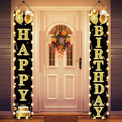 Birthday Lighted Banner Decorations for Men Women - Black Gold Happy Birthday Porch Sign with LED Light Party Supplies, 16th 21st 30th 40th 50th 60th 70th 80th 90th Bday for Indoor Outdoor