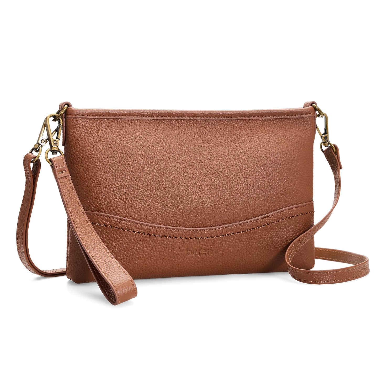 befen Genuine Leather Clutch Purse for Women RFID Blocking Wristlet Purses Brown Crossbody Bag Small Real Leather Crossbody Wallet for Travel Soft Designer Handbag with Shoulder and Wrist Strap