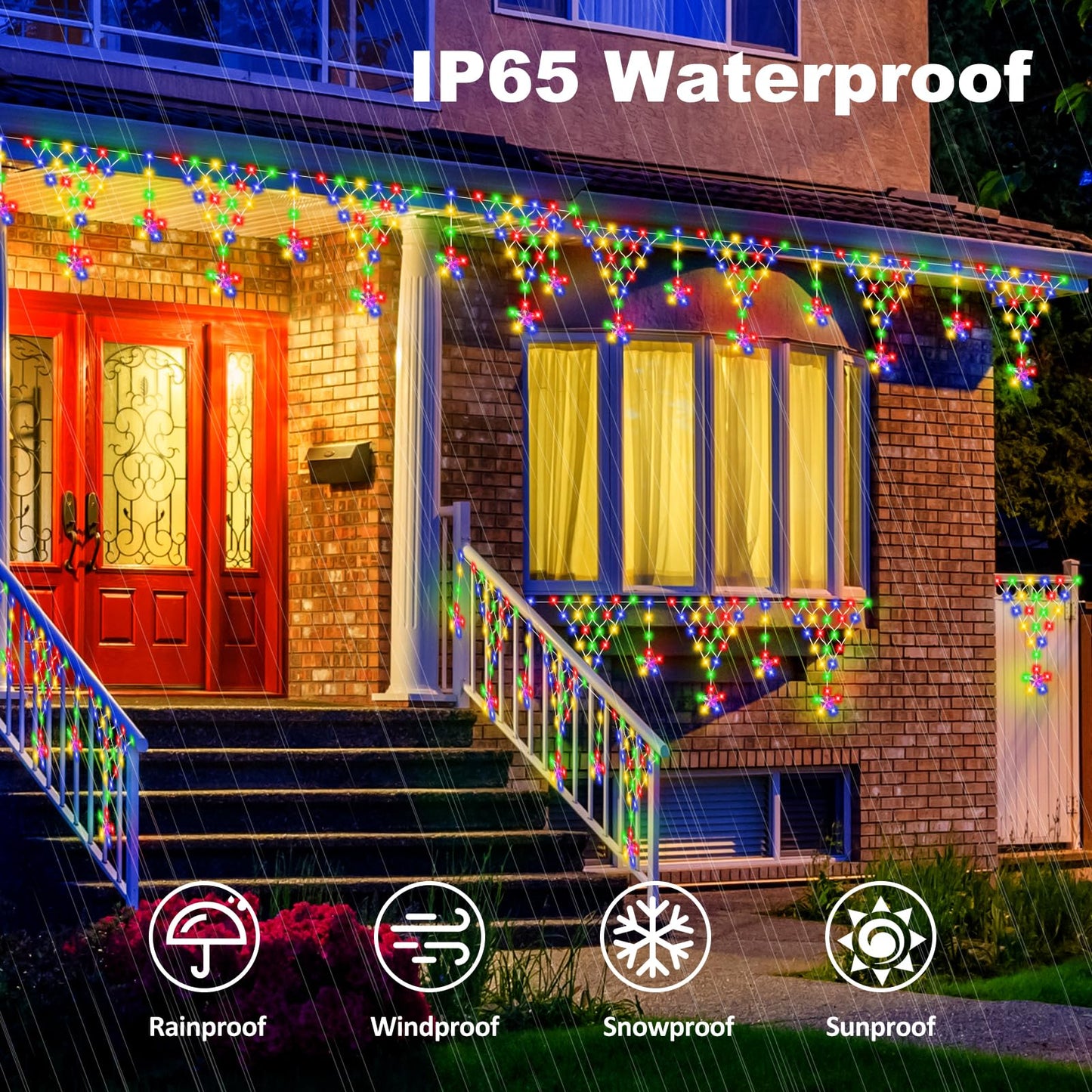 Ramadan Outdoor String Lights Waterproof, 218 LED 13.8FT Star Curtain Fairy Lights with 12 Drops Connectable Clear Wire Christmas Light Decorations 8 Modes for Eaves Yard Wedding Party Holiday Decor
