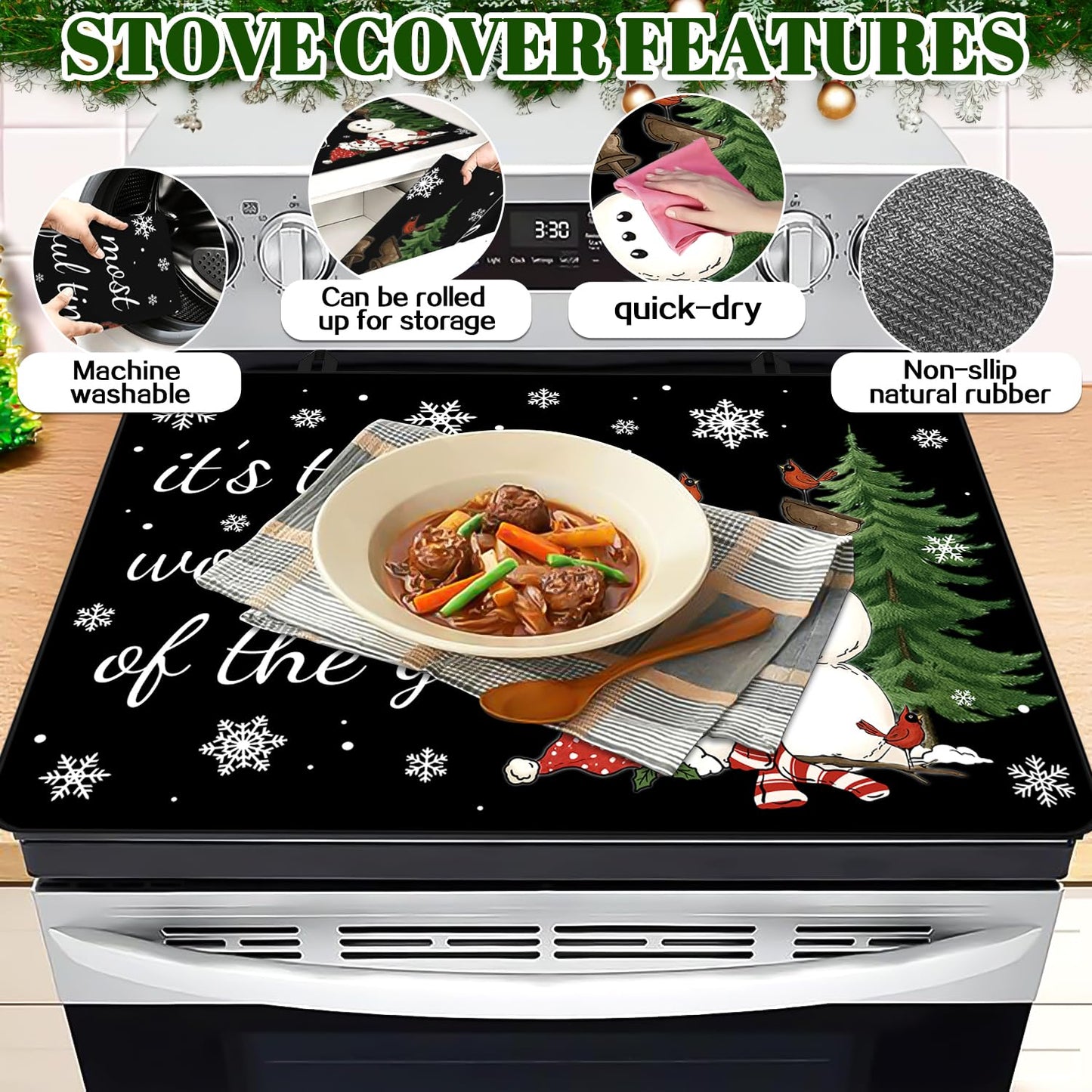 Christmas Stove Top Cover for Electric Stove, Snowman Range Cover, 28x20 inch Snowflake Stove Top Cover, Winter Holiday Stove Range Covers, Heat Resistant Cooktop Cover, Decor for Kitchen Home
