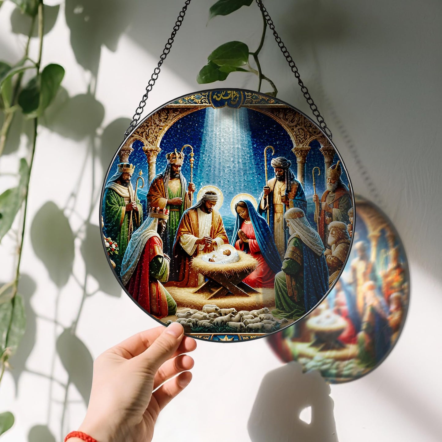 Stained Glass Suncatcher, Black Nativity Scene Sun Catcher Ornament; Stained Glass Window Hanging, Christmas Ornament, Christian Decor; Gifts for Christmas, Christian Gift, Religious Gift