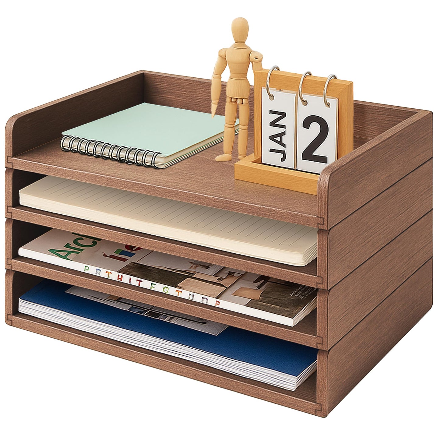 PROLEE Wooden Paper Tray Organizer for Desk,Stackable Paper Holder and Letter Tray,4-Tier Desktop File Storage Rack for Study,Home and Office(Walnut,14" x 9.5" x 2.5")