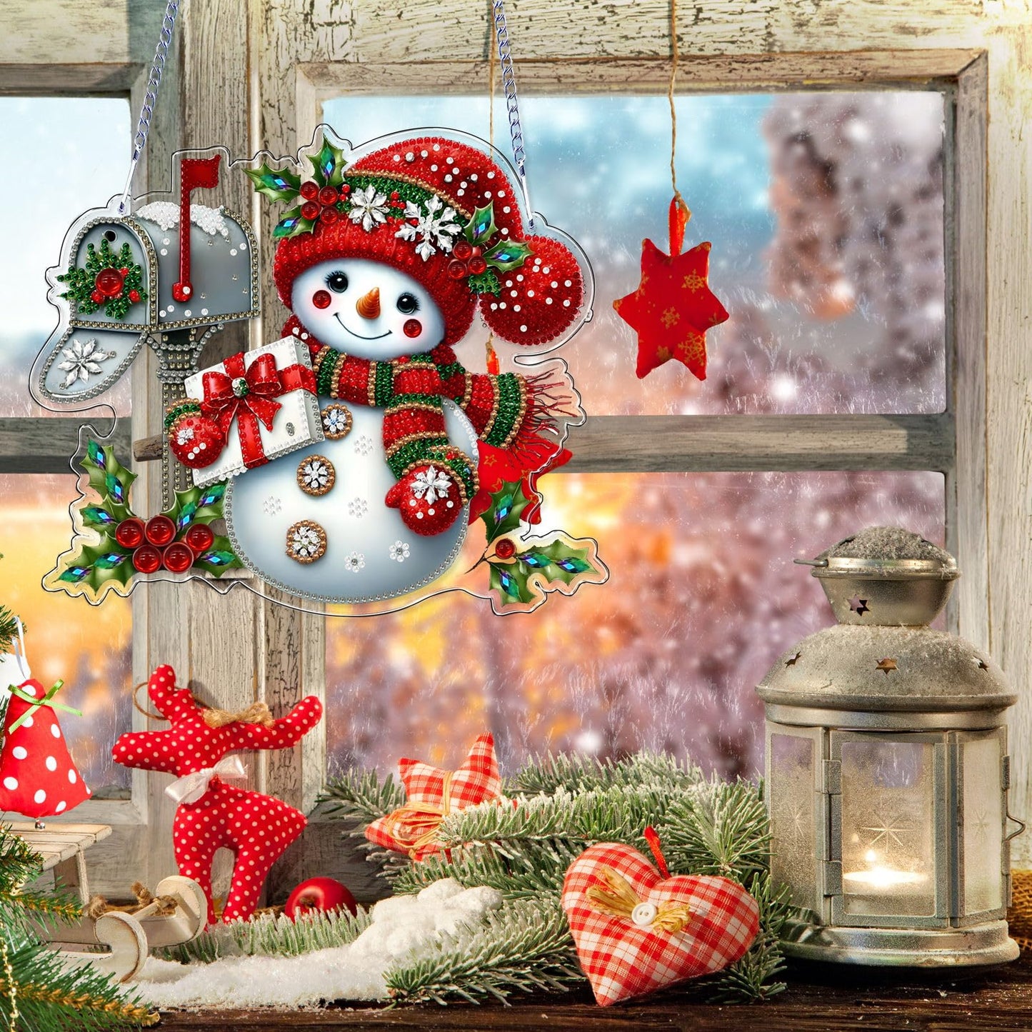 VODAPYC Christmas Diamond Art Hanging Kits for Adults, DIY Special Shaped Diamonds Painting Window Pendant Ornament for Home Decor (Snowman-3)