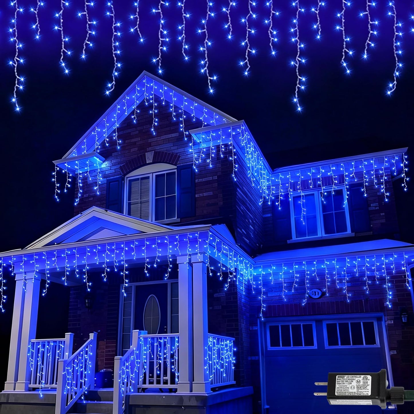 QITONG Blue Icicle Lights for Outside, 33ft 400 LED String Lights Plug in with 8 Modes, Clear Wire Connectable Icicle Christmas Light Indoor