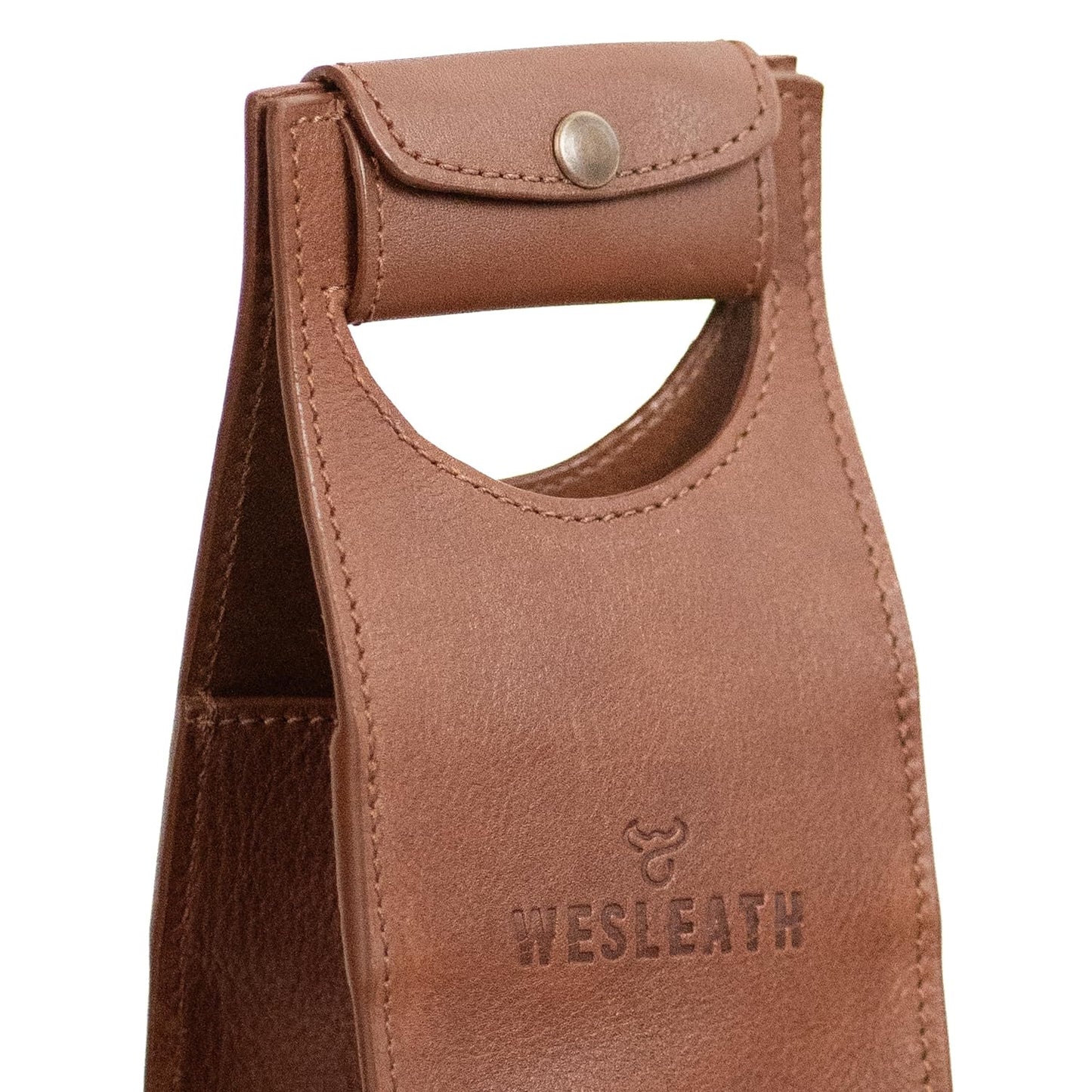 WESLEATH Leather Tote Wine Carrier Bag | Premium Quality Single Bottle Carry with Strong Handles, Full Grain Leather & Metal Buckle - Protective Carrier for Picnic, Wine Champagne Gift Bag (Bourbon)