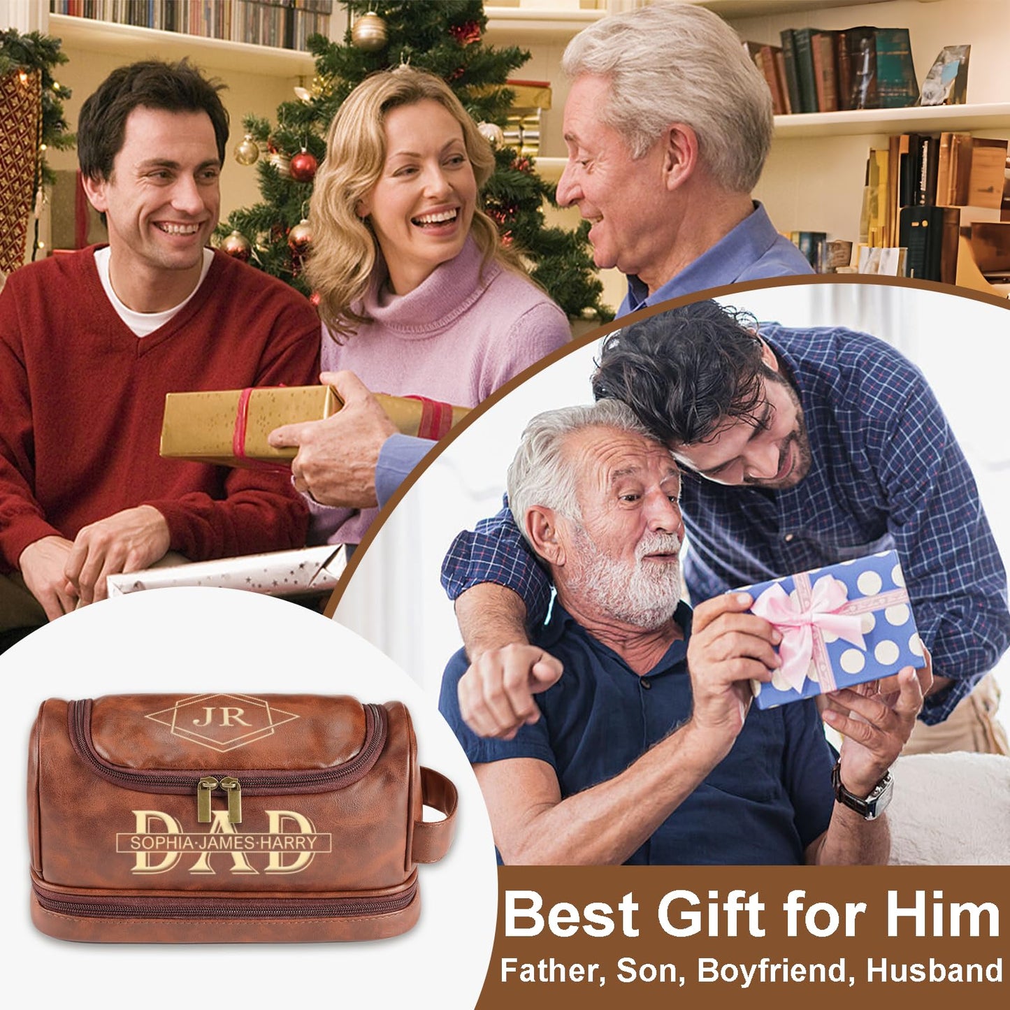 Personalized Toiletry Bag for Men, Engraved Name & Text, Father's Day Birthday Gifts for Men, Dad, Leather Men's Toiletry Bag for Traveling, Customized Birthday Gifts for Husband, Grandpa, Lover
