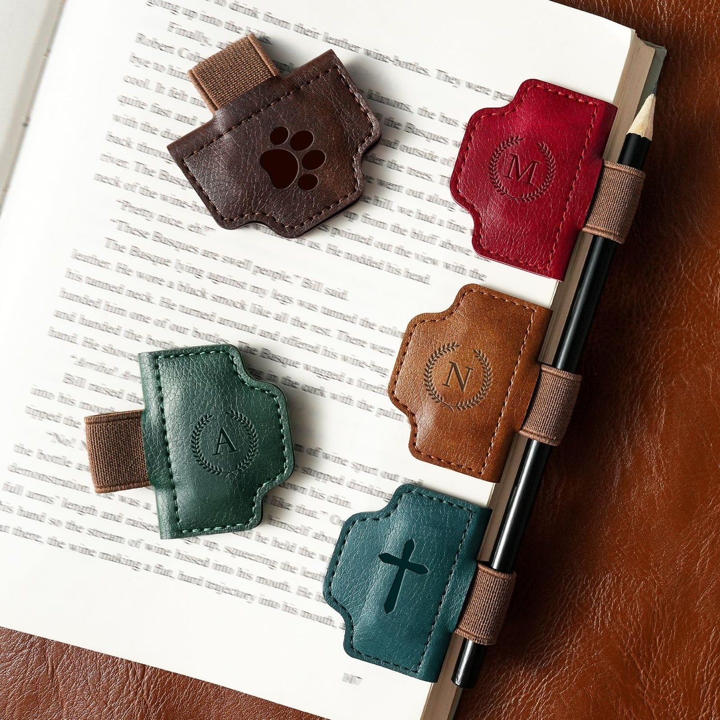 BygoneMark Magnetic Leather Bookmark with Pen Holder, Personalized Custom Initial Page Marker & Pen Clip, Professional Book Accessory for Students (Blue-X)