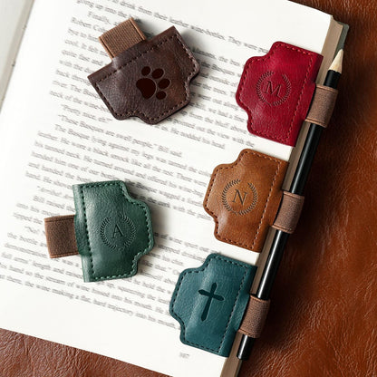 BygoneMark Magnetic Leather Bookmark with Pen Holder, Personalized Custom Initial Page Marker & Pen Clip, Professional Book Accessory for Students (Green-Cross)