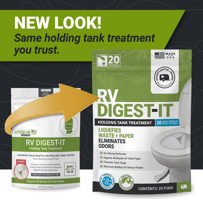 Unique RV Digest-It Classic RV Toilet Treatment, Drop-In Pod - Convenient, Dissolvable, Mess-Free - Eliminates Odors and Liquifies Waste (20 Pods)