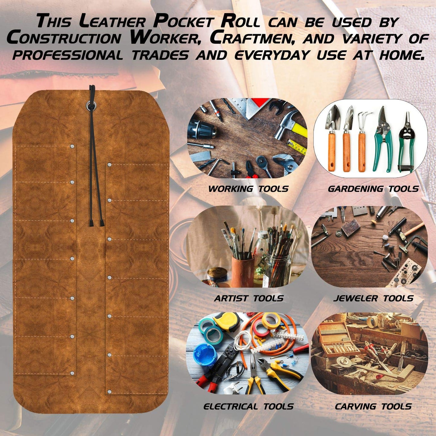 UJ Ramelson 12 Pocket Suede Leather Tool Roll Up Holder Organizer Bag Pouch for Woodworking, Wood Carving, Chisel, Gouge, and More, Brown