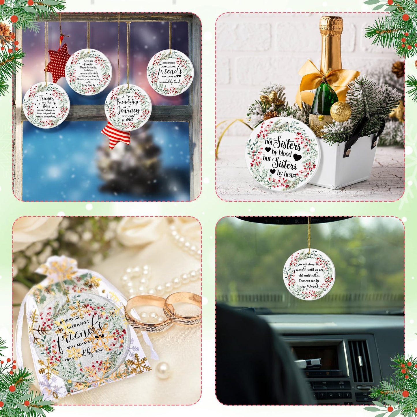 Suzile 16 Pcs Friendship Christmas Ornaments Ceramic Round Friends Ornaments Long Distance Sister Christmas Ornament Gift with Greeting Cards Organza Gift Bag for Christmas Tree (Berry)
