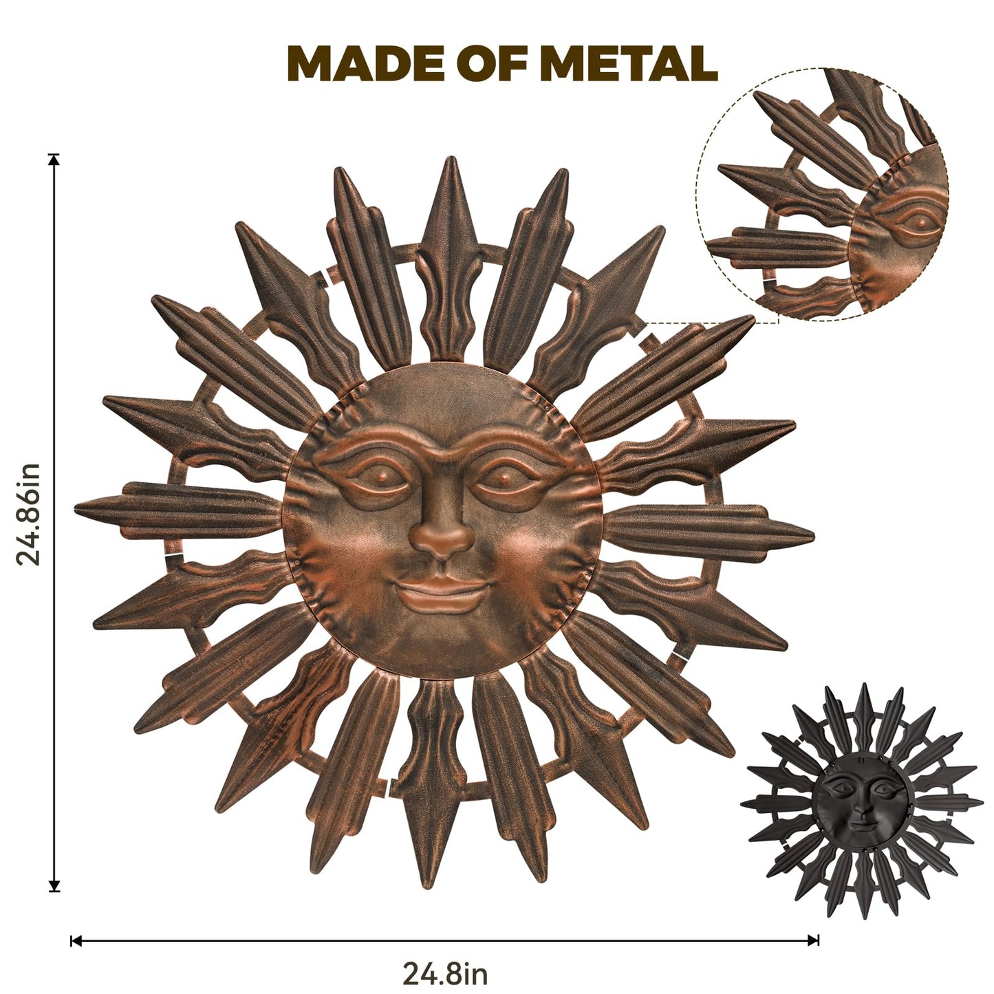 VESTCDF Metal Sun Wall Art Decor Outdoor Metal Wall Art Sun Outdoor,Large Wall Decorations for Garden, Sun Wall Art Metal Sun Face Art(Brown)