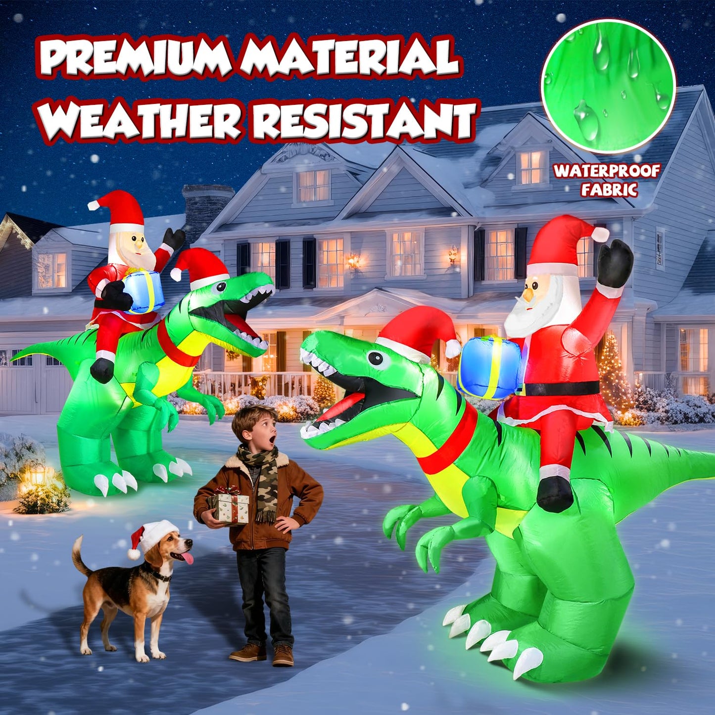 9x7FT Christmas Inflatables Santa Ride on Dinosaur with LED Outdoor Christmas Dinosaur Inflatable Blow Up Yard Decorations with Sandbags Stakes Strings for Garden Decor