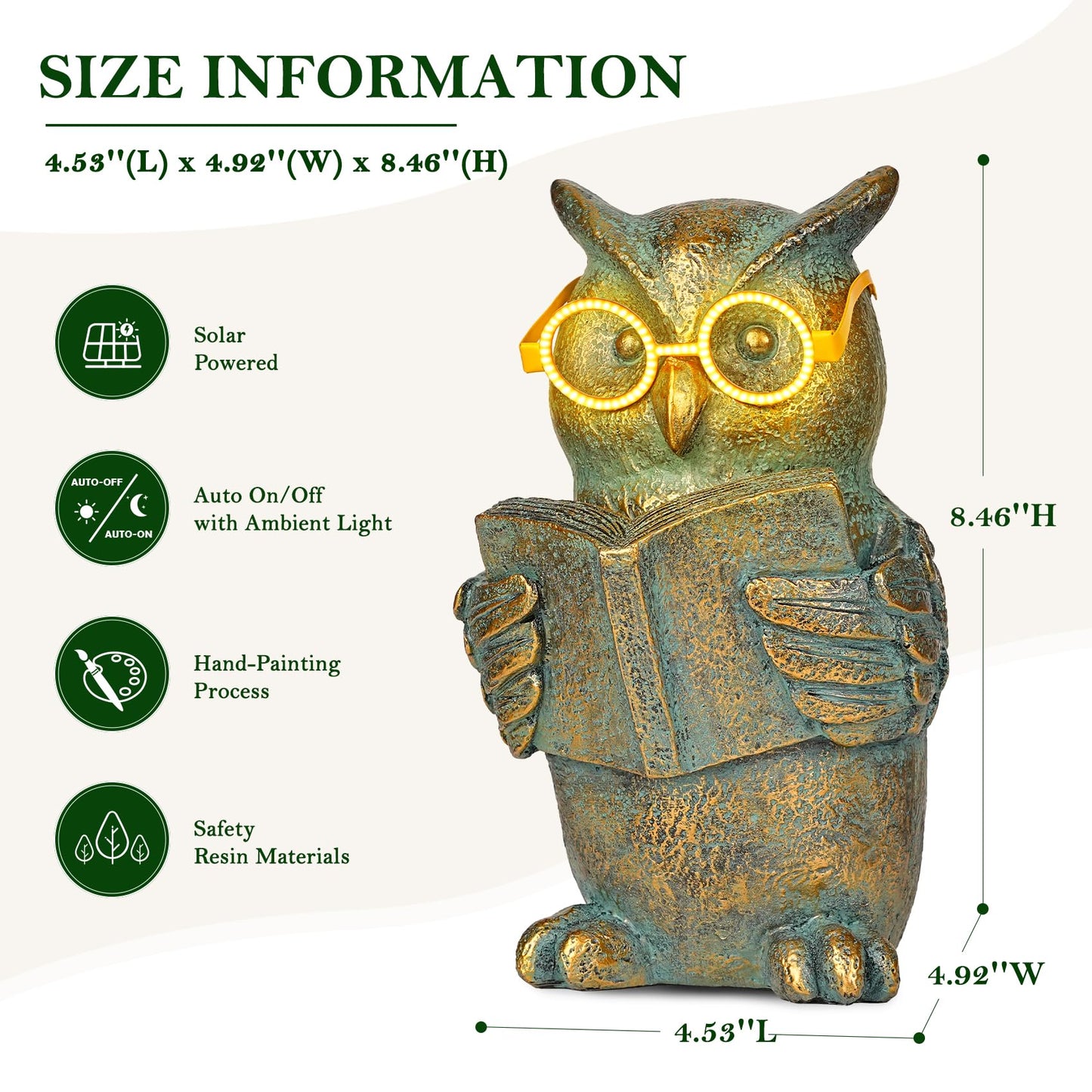 zuzuzen Reading Owl Statue with Solar Glasses Bronze Resin Garden Decoration Outdoor Figurine Light for Patio, Yard, Lawn, Housewarming Home Decor Gift for Women
