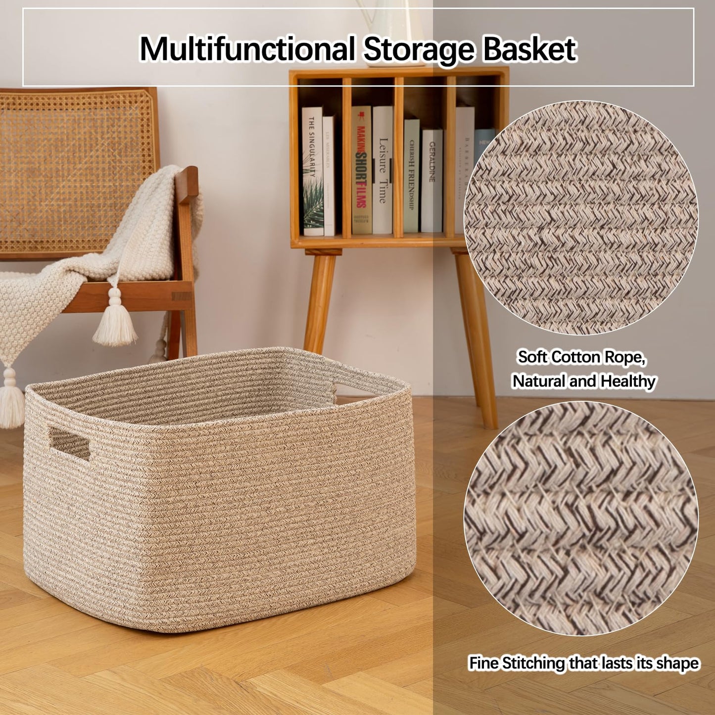 OIAHOMY 75L Large Woven Cotton Rope Storage Basket with Handle for Organizing Blanket and Toys for Living Room, Nursery, Brown Variegated 22”x17”x12”