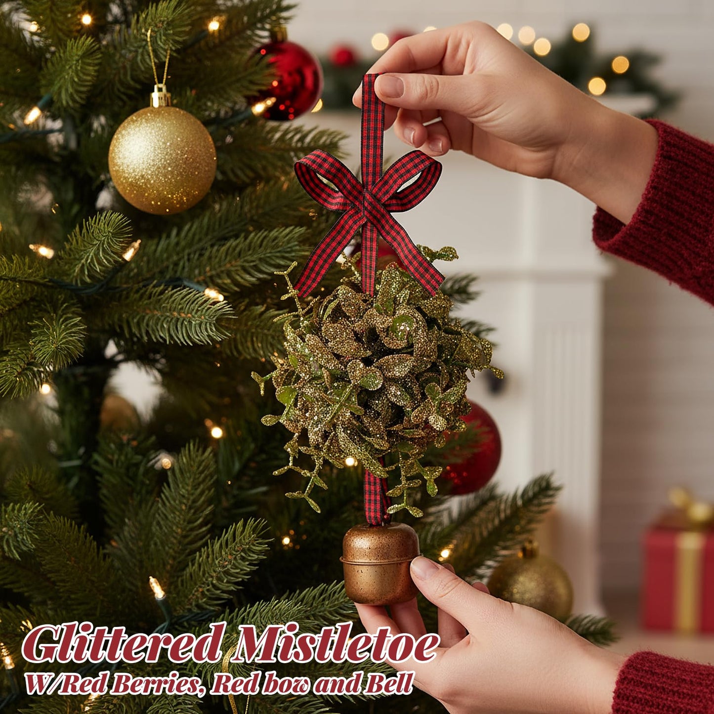 Knitgrip Valentine's Day Mistletoe Glitter Kissing Ball with Jingle Bell Ornament with Bow and Berries Artificial Hanging Mistletoe Decoration for Doorway Ceiling Light Decor(Red,Gingham Ribbon)