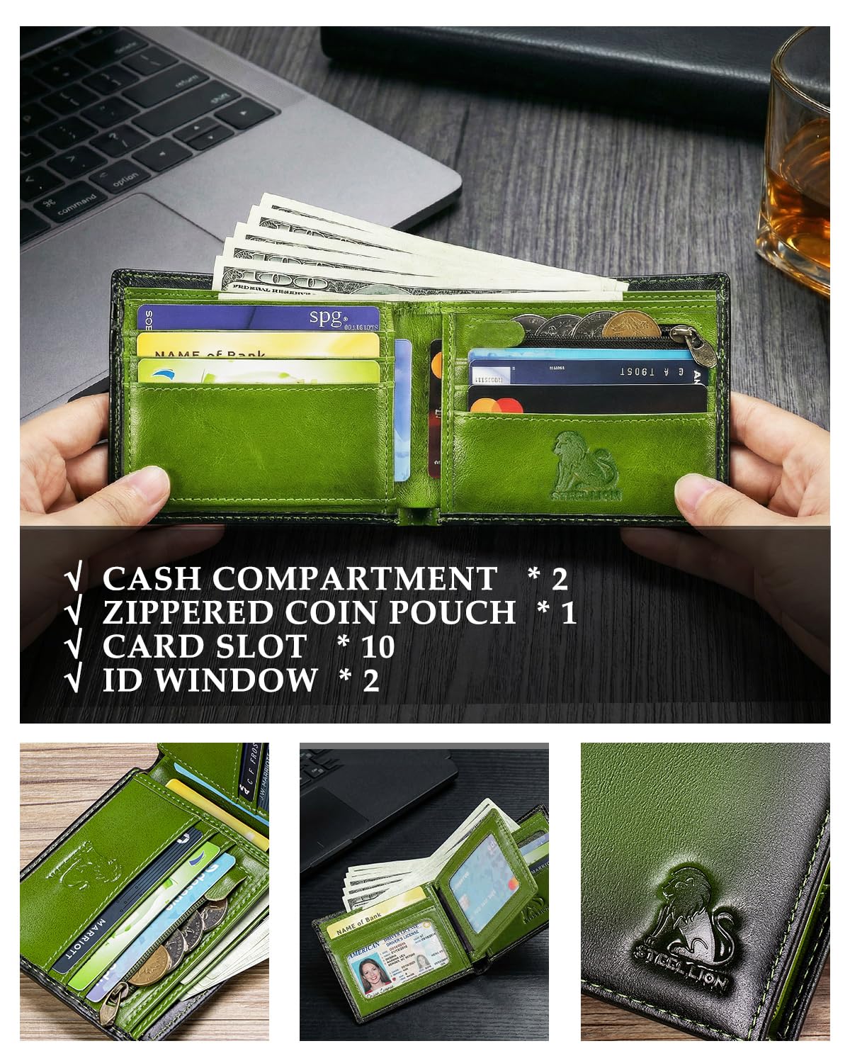 STEELLION Leather Wallets for Men, Cowhide Mens Bifold Wallet RFID Blocking with 2 ID Windows, Zipper Pocket (Green)