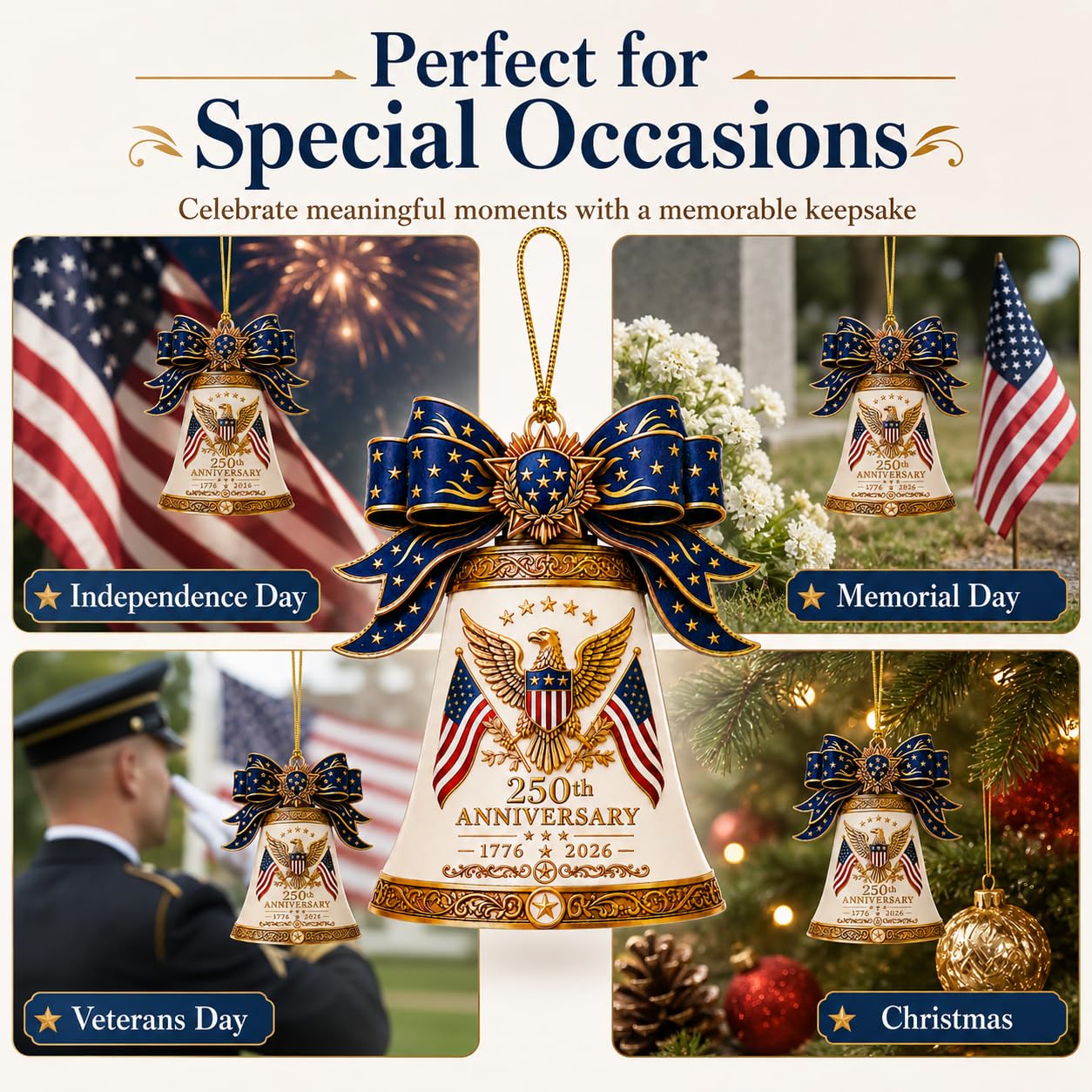 White Liberty Bell 250 Anniversary USA Ornament, America 250th Merchandise, Fourth of July Decorations, Patriotic Decor, USA 250th Anniversary 4th of July Gifts, America 250th Birthday Gifts
