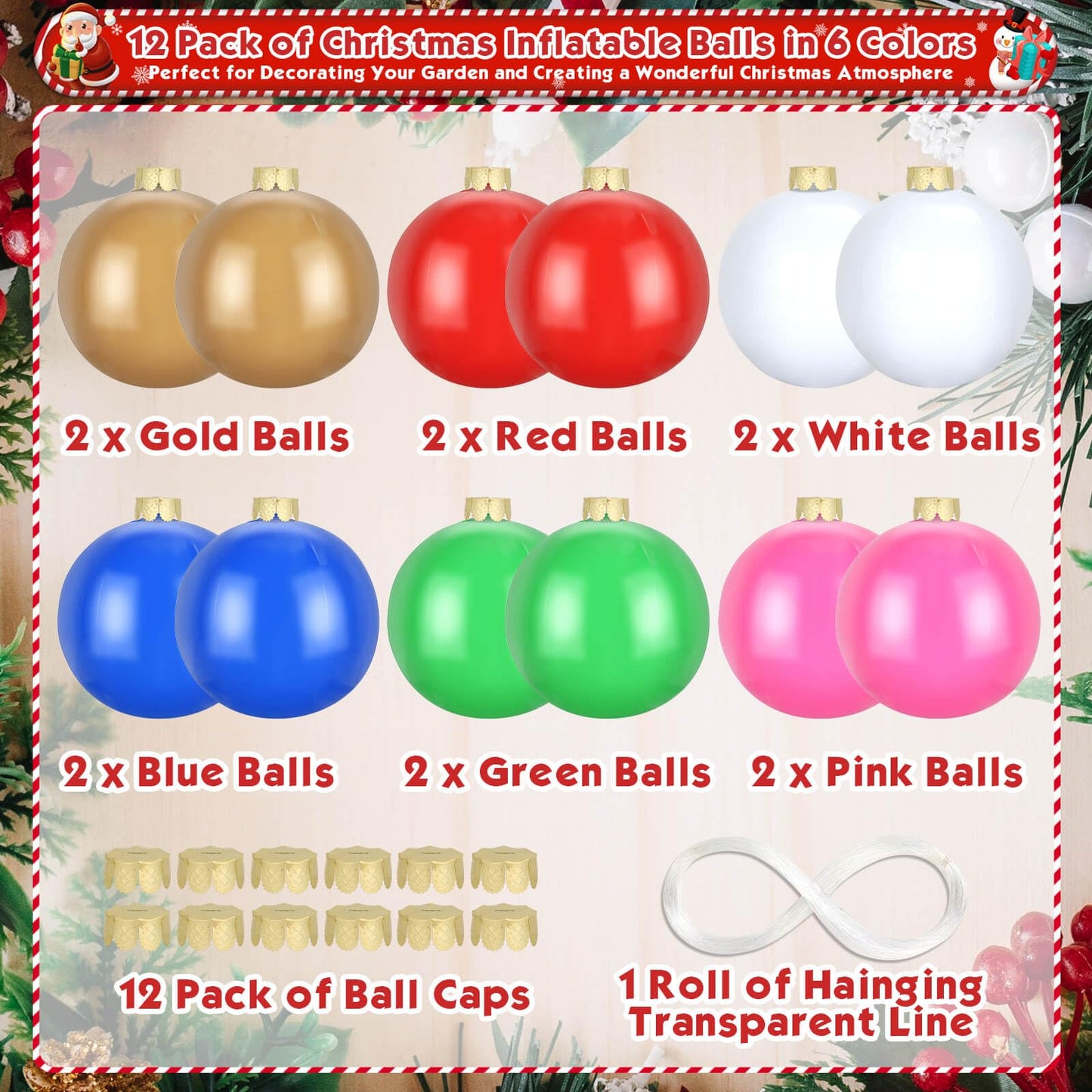 Flasoo 12 Pack Inflatable Christmas Ornaments for New Year Festive, Large Blow up Christmas Balls for Front Door Yard Tree Hanging Decoration (9 Inch)