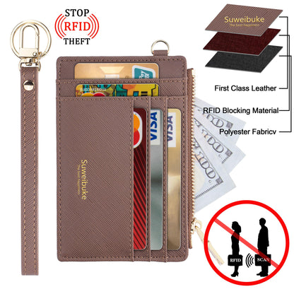 Women Slim Rfid Blocking Credit Card Case Holder Wristlet Zip ID Case Wallet Small Compact Leather Wallet Coin Purse with Keychain (Camel)