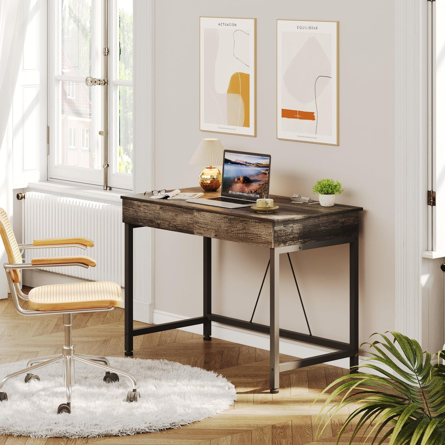 Mexin Small Desk with 2 Wooden Drawers, 40 Inch Home Office Writing Desk, Vanity Desk with Storage, Computer Desk for Bedroom Small Spaces, Table for Office, Work, Kids Study, Makeup, Gray Oak