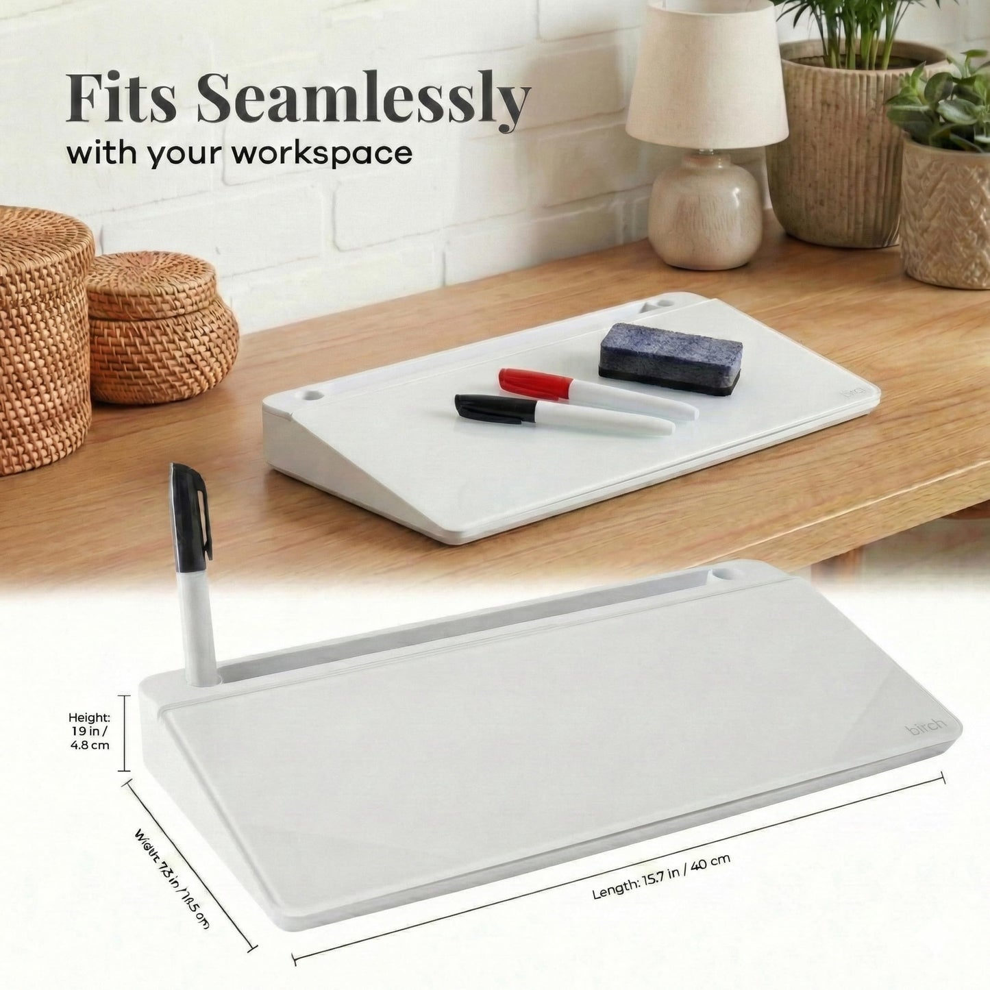 Birch Small Desktop Glass Whiteboard & Magnetic Calendar – Dry Erase Desk Pad Keyboard Stand with Storage, Adjustable Dividers, 3 Markers & Eraser – Office, Home & School (Cloud)