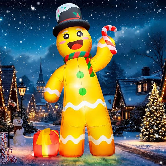 12FT Giant Christmas Inflatables Gingerbread Man Built-in Bright LED Light, Huge Christmas Decorations Outdoor Hold Candy Cane & Gift Large Christmas Blow Up Yard Decoration for Xmas Holiday Party