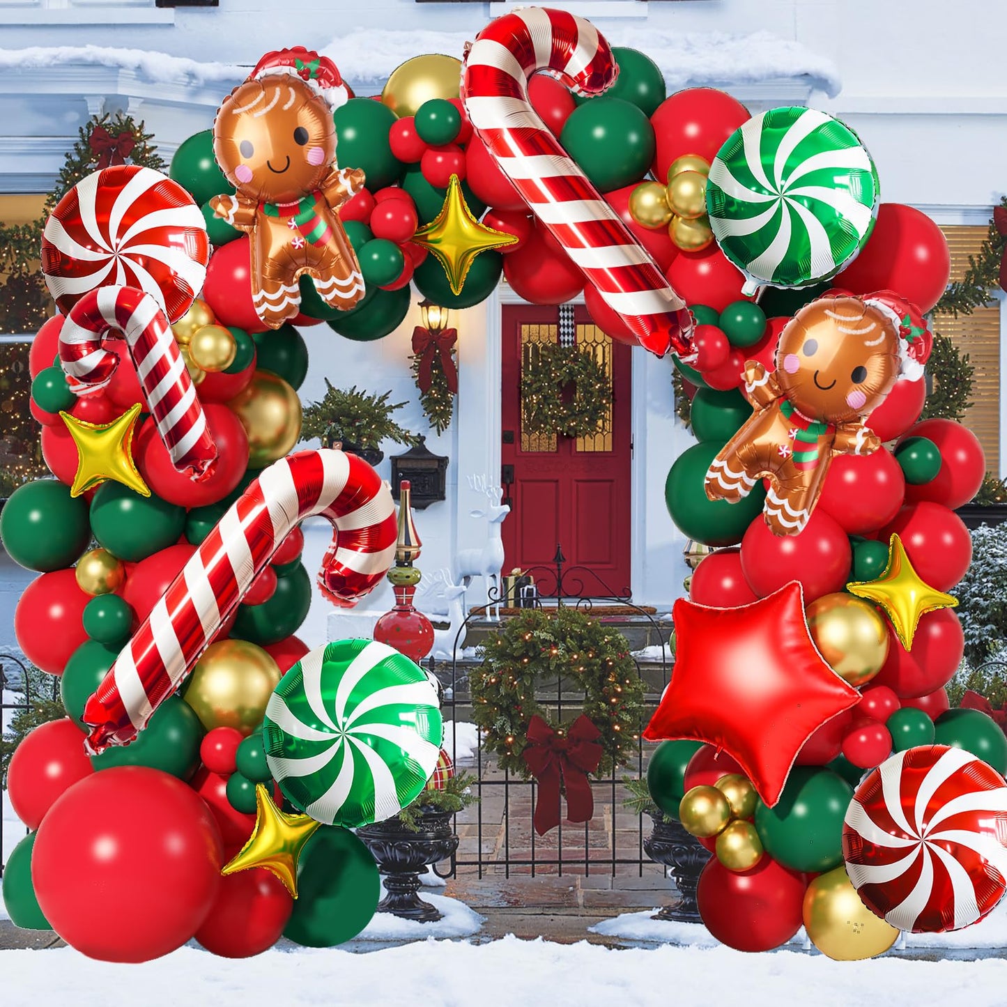Christmas Balloon Garland Arch Kit Red Green Gold Latex Balloons Large Gingerbread Man Red Green Lollipop Candy Mini Cane Foil Balloons with Four/Five Pointed Star for Xmas New Year Party Decorations