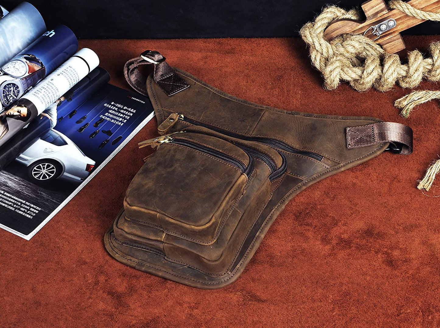 Le'aokuu Mens Genuine Leather Motorcycle Tactic Belt Waist Pack Drop Leg Cross Over Bag (3111 Brown)