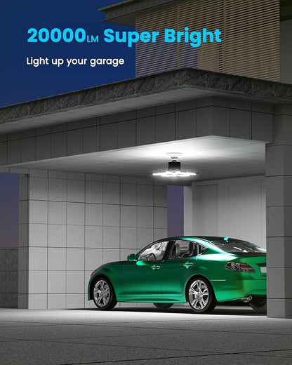 Motion Sensor Garage Light 200W 20000LM, Deformable LED Ceiling Light with 360° Detection & 3 Modes - 6500K Motion Sensor Light Indoor Bulb for Basement/Workshop